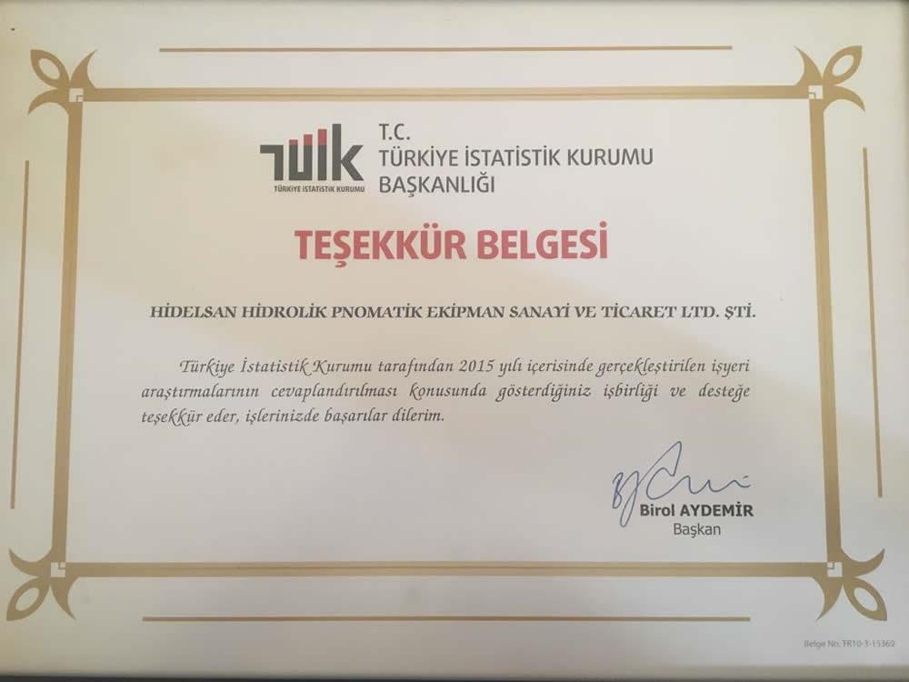 TÜİK Teşekkür Belgesi