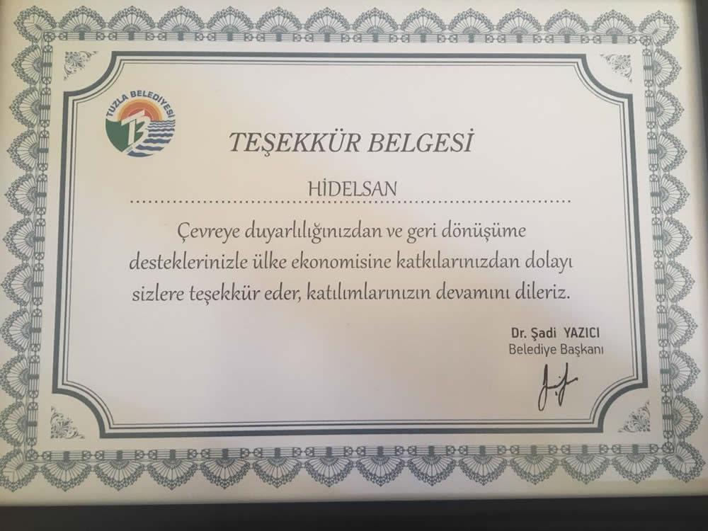 Tuzla Belediyesi Teşekkür Belgesi